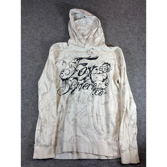Fox Racing Logo AOP Pullover Hoodie Womens Medium Cream Gray Streetwear Casual - Picture 1 of 7